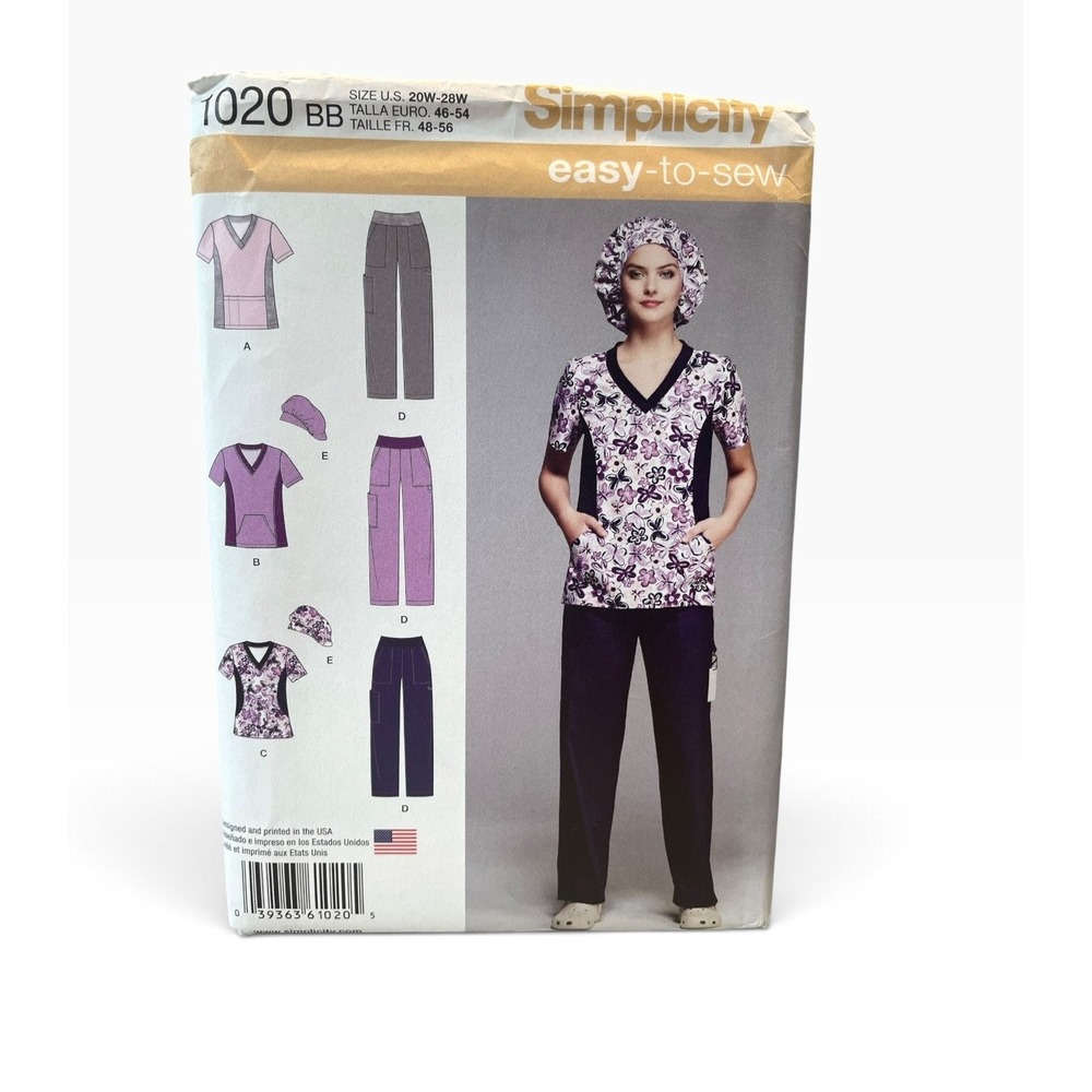 Simplicity Sewing Pattern Women 20W-28W Scrub Top Pants Hat 1020 BB Easy-to-Sew